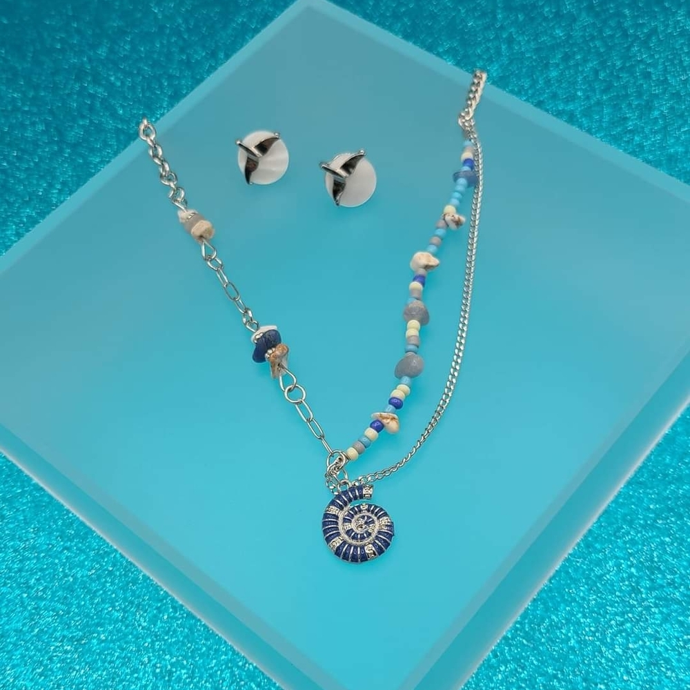Blue and Silver Beaded Necklace and Earring Set By Paparazzi